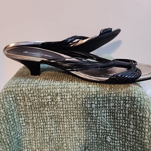 Etienne Aigner Black Kitten Heel Sandals Slip On Woven Strap Mules Sz 10 - Picture 7 of 7